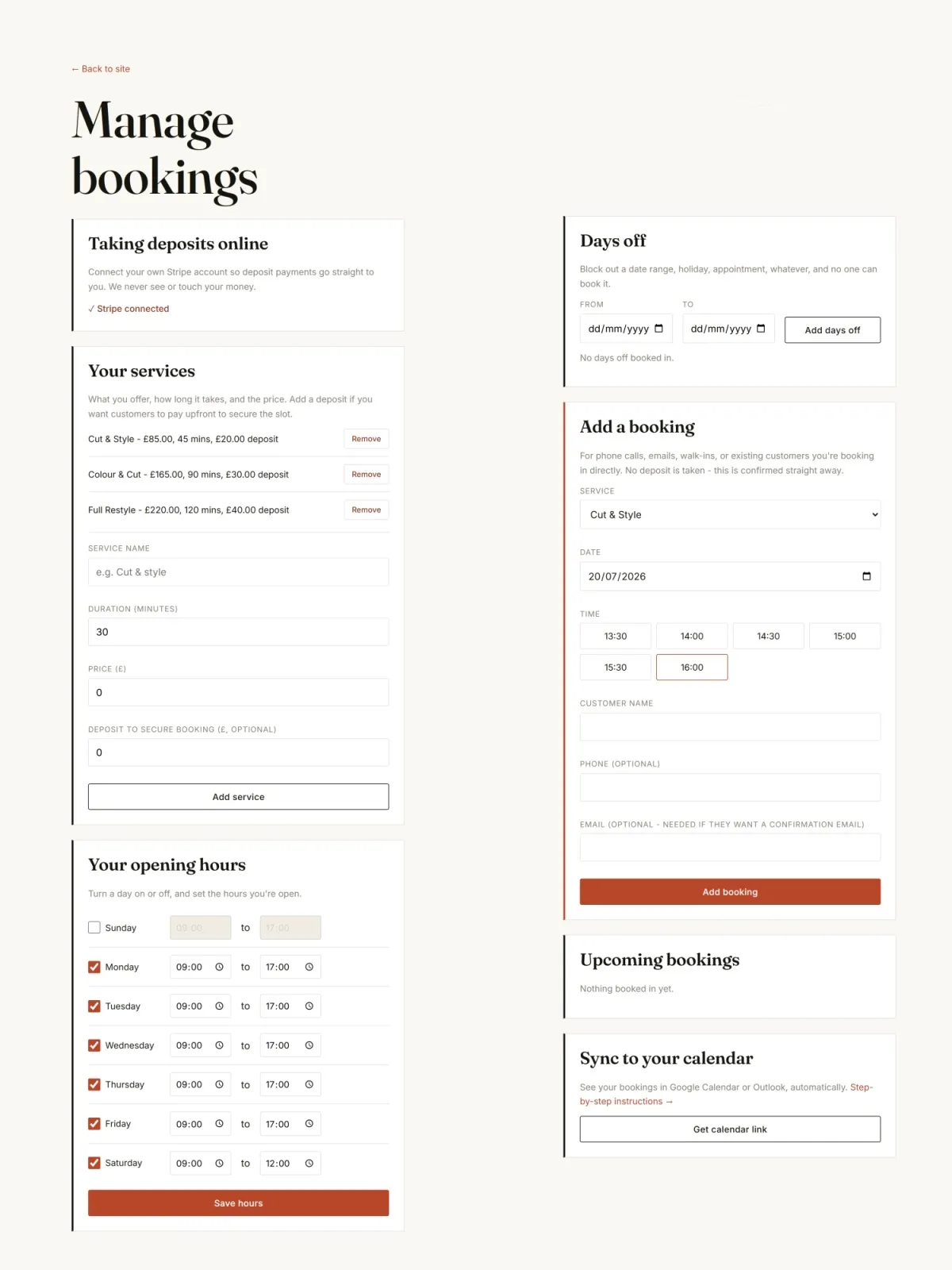 Admin area of the booking system
