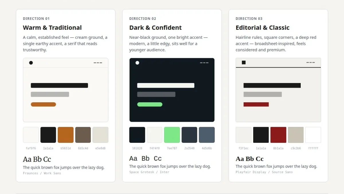 Example concept sheet with three colour and font directions