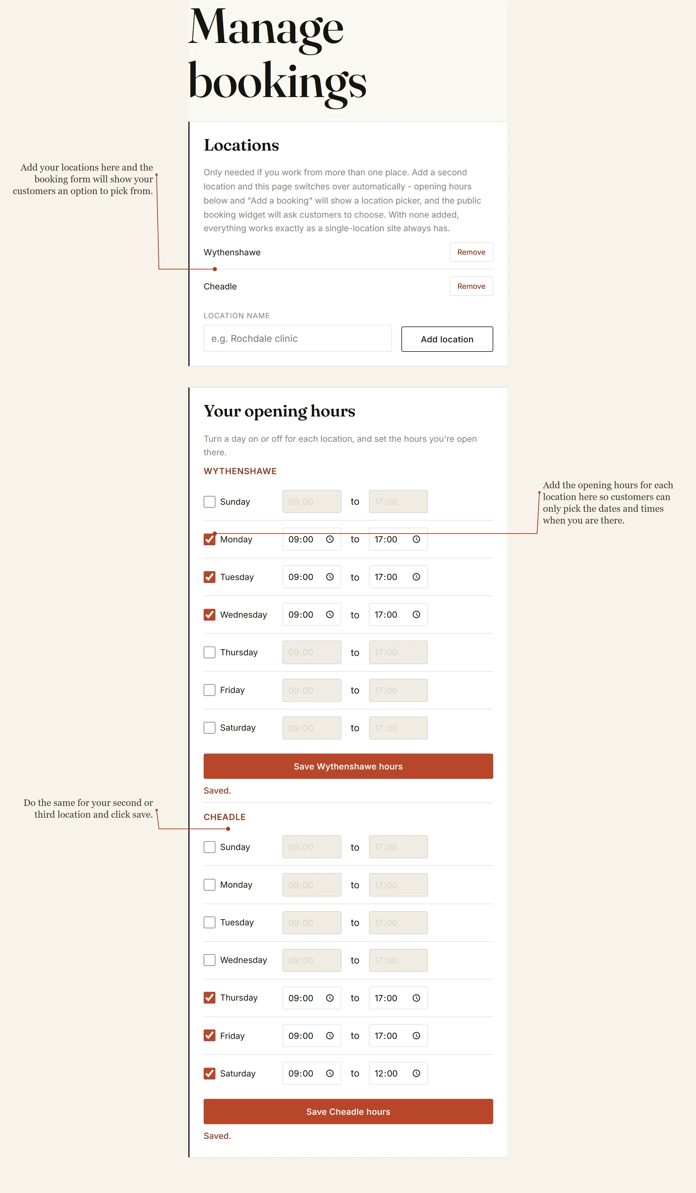 Admin screen showing locations and opening hours for each place